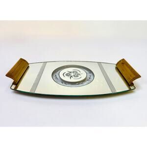 Art Deco Etched Glass and Brass Tray with Floral Medallion